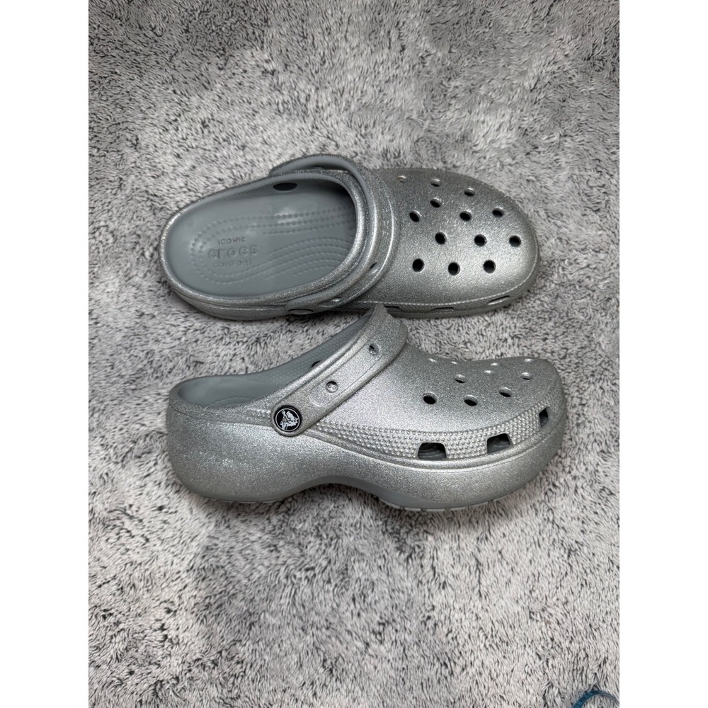 Crocs Classic Platform Clog Glitter Silver Sparkle Womens Size 7 Platform Shoes - Picture 2 of 9